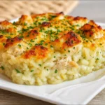 Mamaw’s Chicken and Rice Casserole baked with cheese and Ritz cracker topping