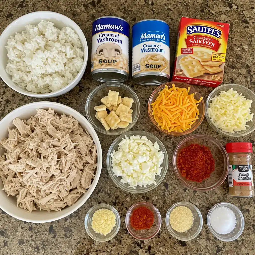 Ingredients for Mamaw’s Chicken and Rice Casserole on counter