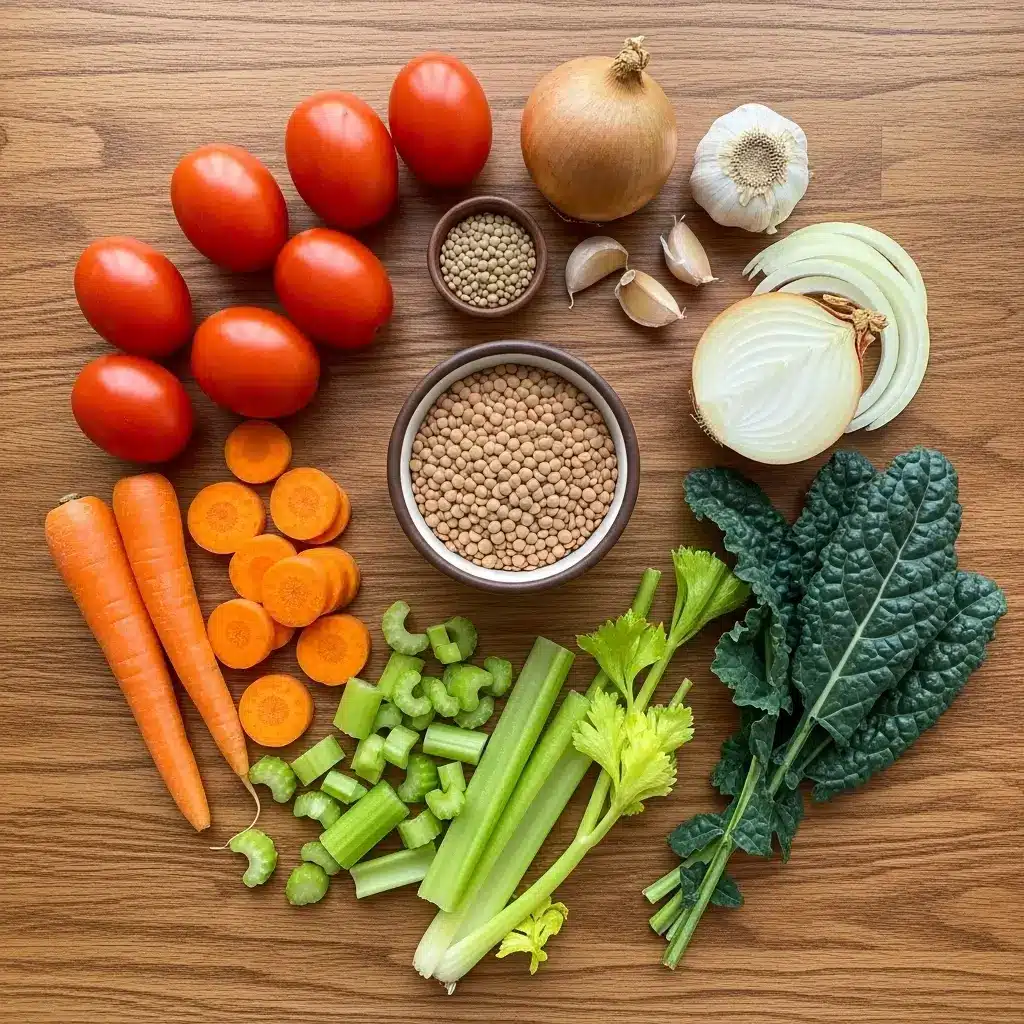 Mediterranean Lentil Soup ingredients flat lay