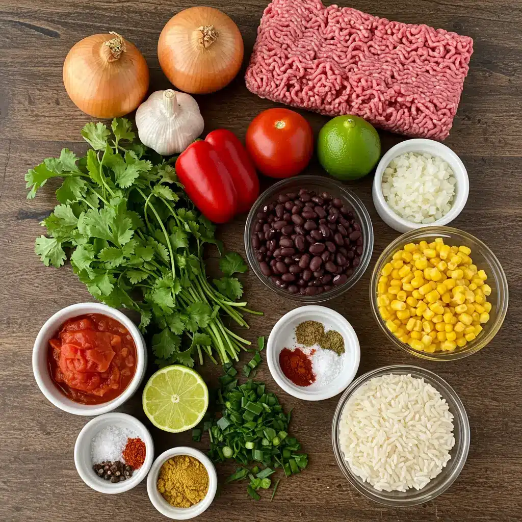Ingredients for Mexican Beef and Rice Soup on rustic table