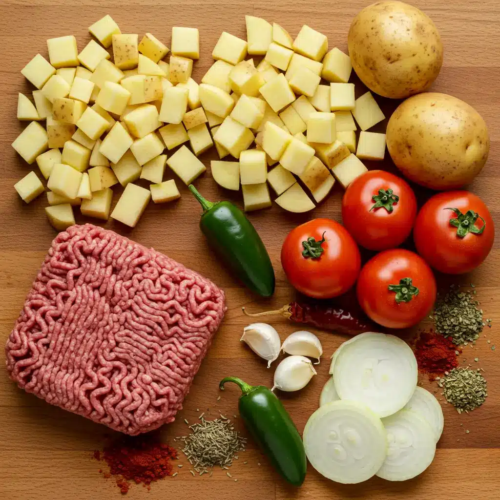 Fresh ingredients for Mexican Picadillo laid out on a wooden surface