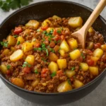 Mexican Picadillo served over rice with lime and cilantro