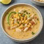 Mexican Street Corn White Chicken Chili in a rustic bowl topped with avocado, cheese, and tortilla strips.