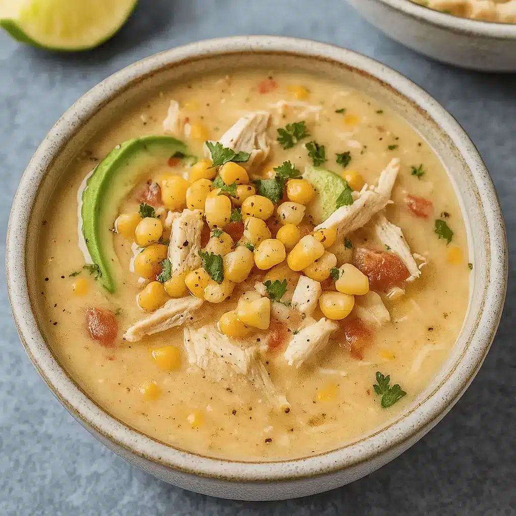 Mexican Street Corn White Chicken Chili in a rustic bowl topped with avocado, cheese, and tortilla strips.