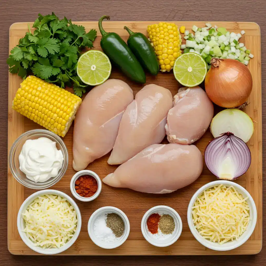 Ingredients for Mexican Street Corn White Chicken Chili including chicken, corn, jalapeño, lime, and cilantro.