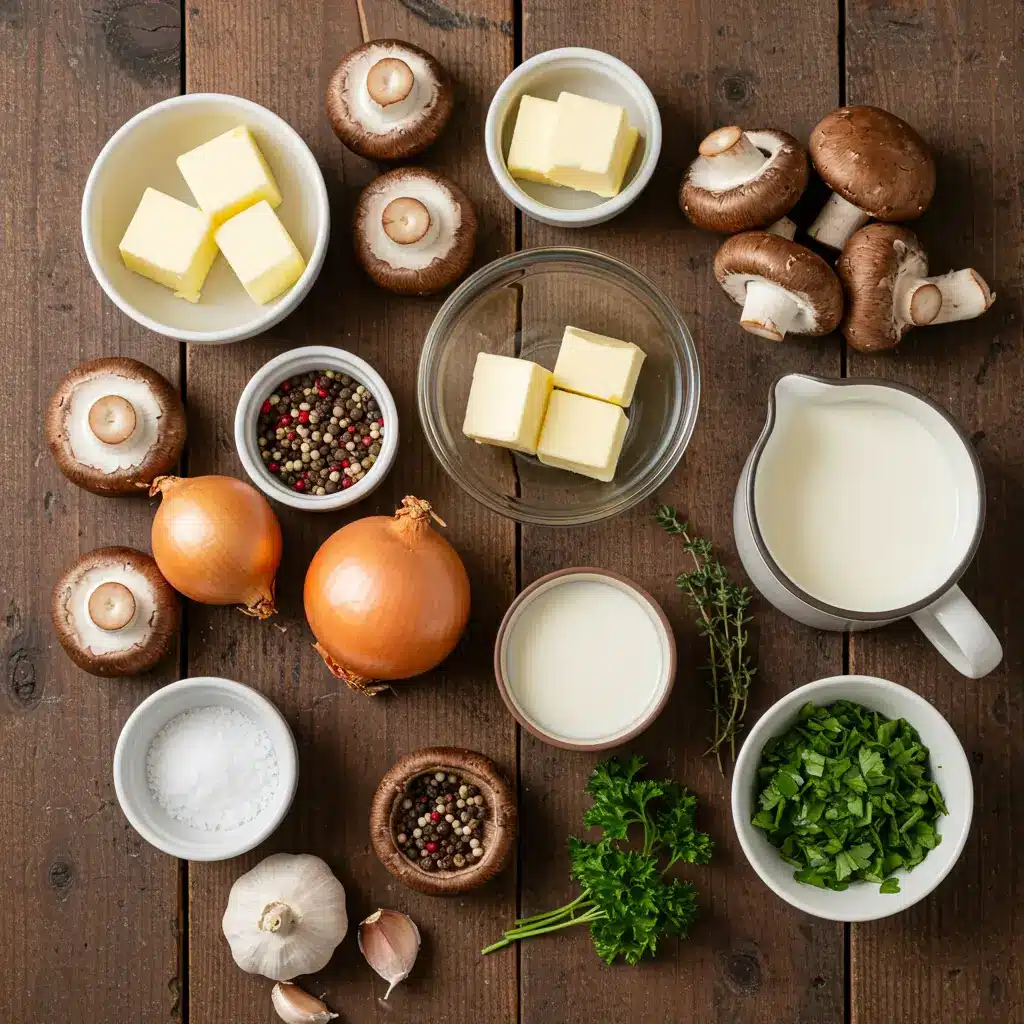 Ingredients for Mushroom Bisque Recipe arranged on a rustic kitchen table