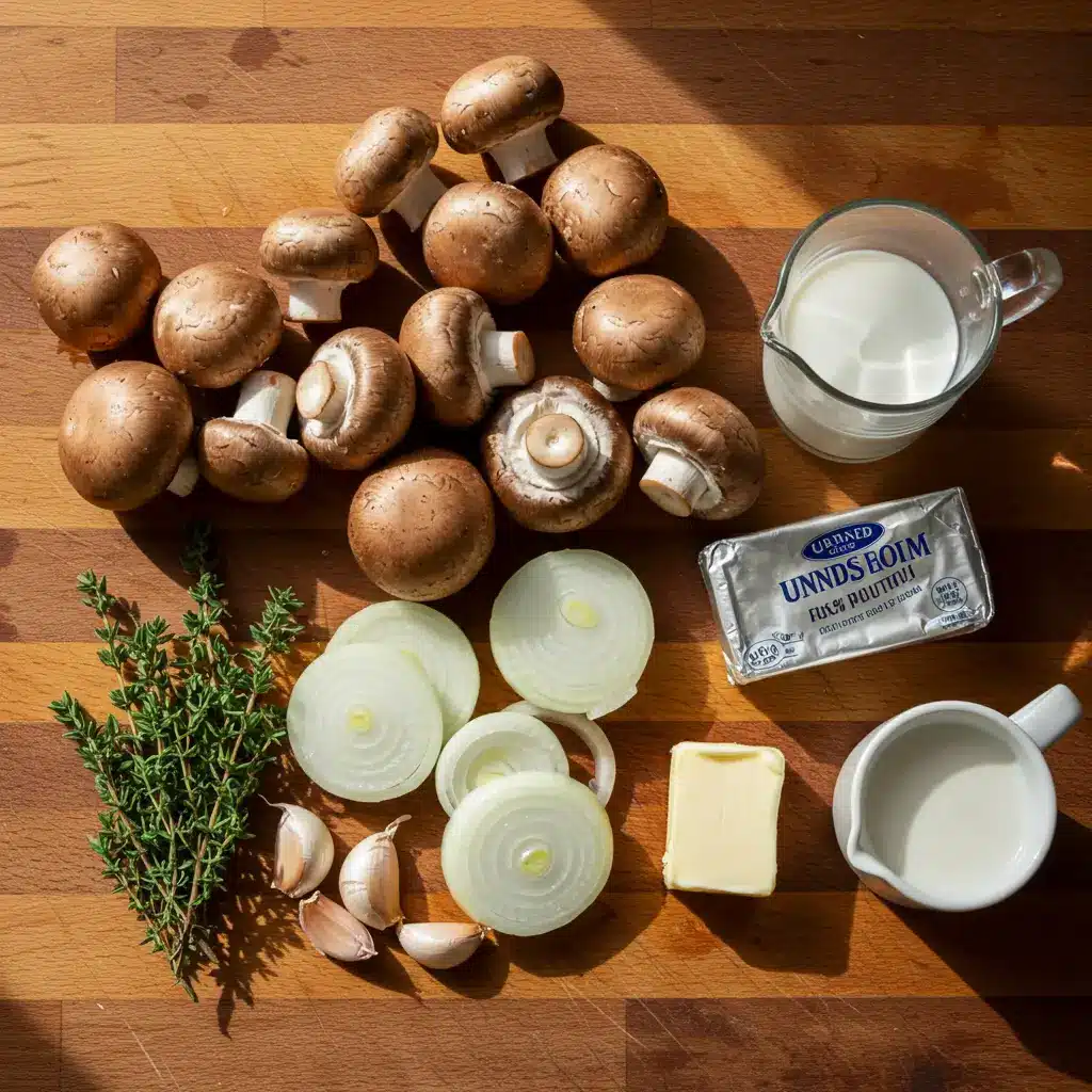 Fresh ingredients for Mushroom Soup Creation arranged on a wooden table