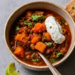 No Bean Turkey and Sweet Potato Chili in rustic bowl