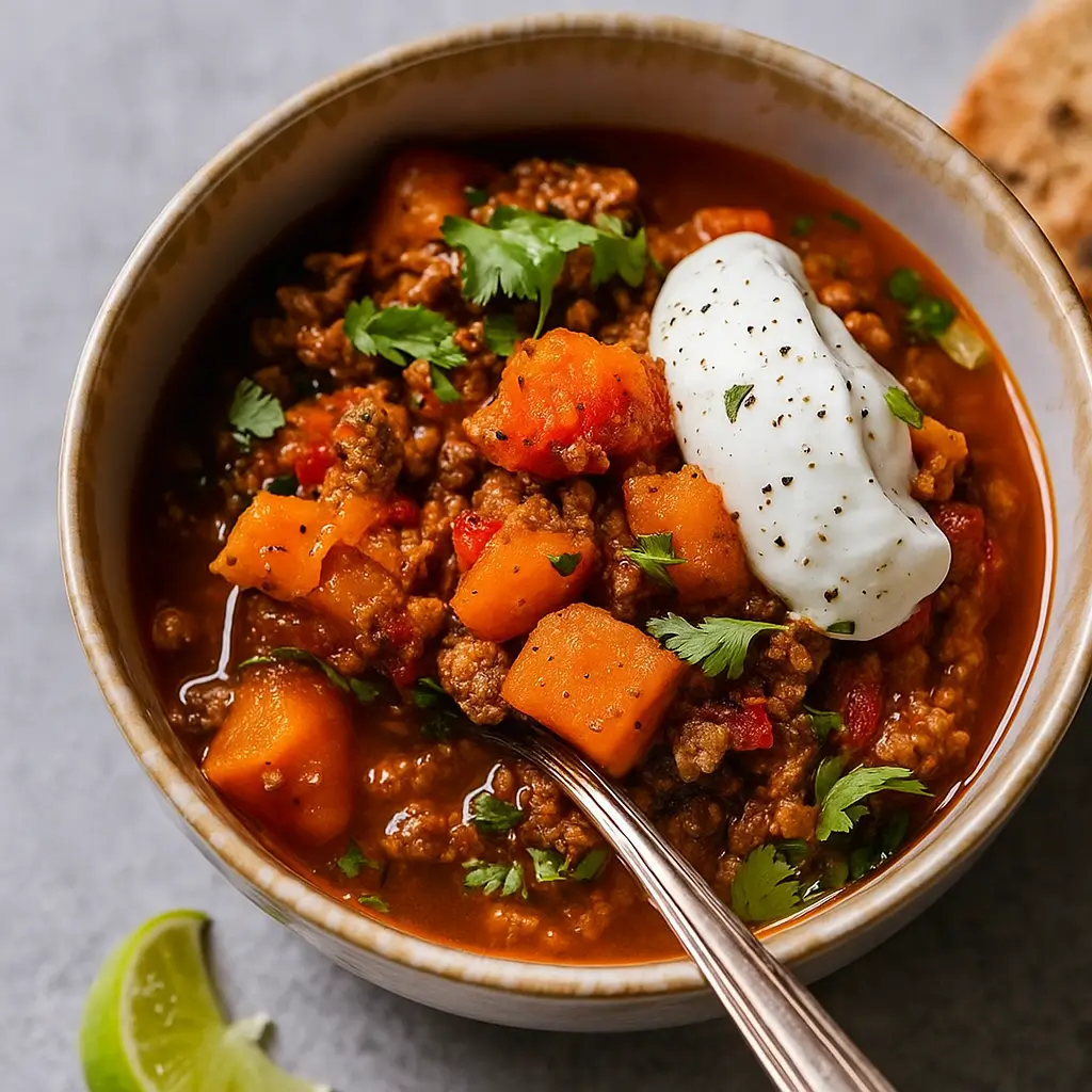 No Bean Turkey and Sweet Potato Chili in rustic bowl