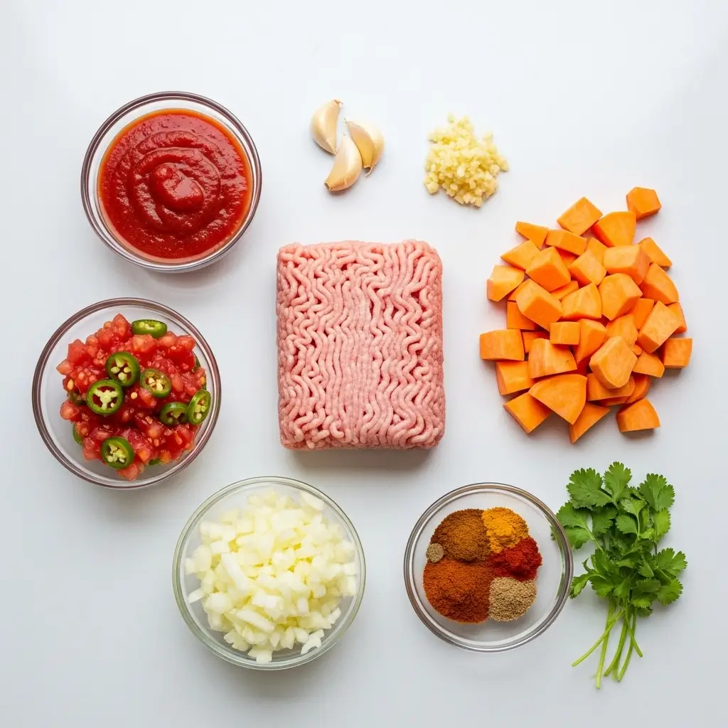 Ingredients for No Bean Turkey and Sweet Potato Chili