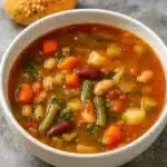 Bowl of Olive Garden Vegetable Soup garnished with Parmesan and parsley.
