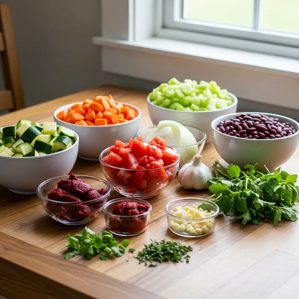 Olive Garden Vegetable Soup ingredients on a wooden table.