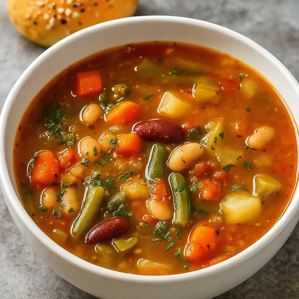 Bowl of Olive Garden Vegetable Soup garnished with Parmesan and parsley.