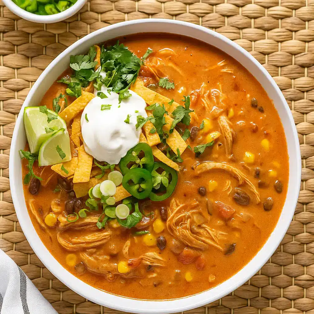 One Pot Creamy Chicken Enchilada Soup served with toppings
