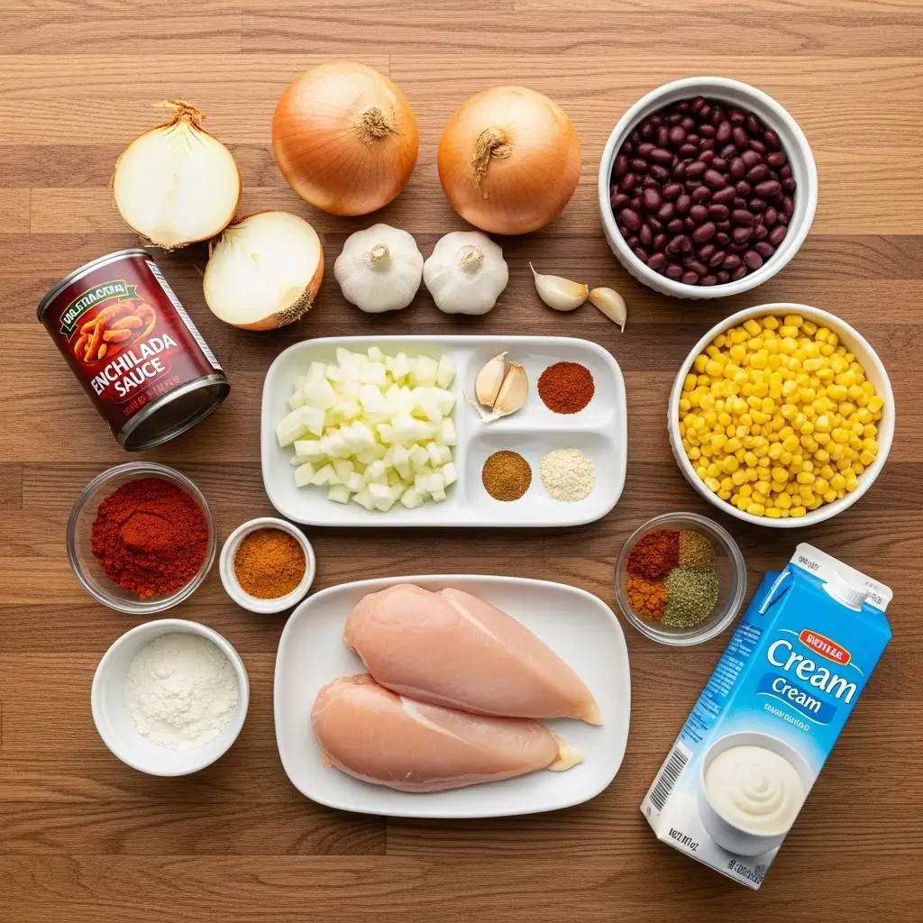 Ingredients for One Pot Creamy Chicken Enchilada Soup