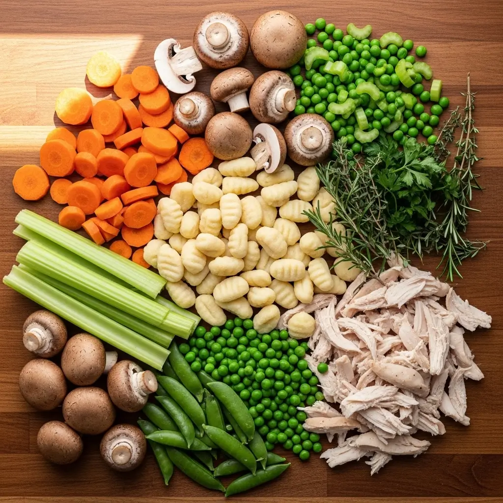 One Pot Gnocchi Chicken Pot Pie ingredients laid out on a wooden counter.