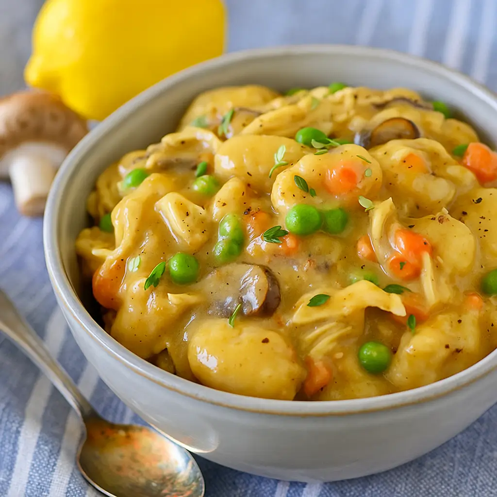Creamy One Pot Gnocchi Chicken Pot Pie served in a rustic bowl