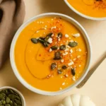 One-Pot Savory Pumpkin & Sweet Potato Soup served with toppings
