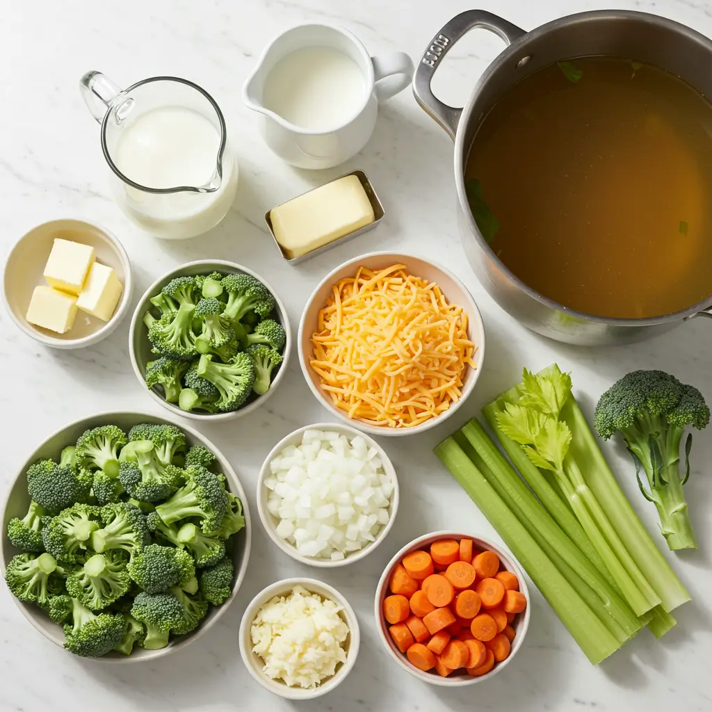 Ingredients for homemade Panera Broccoli Cheddar Soup.