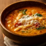 Parmesan Tomato Cannellini Bean Soup in a rustic bowl