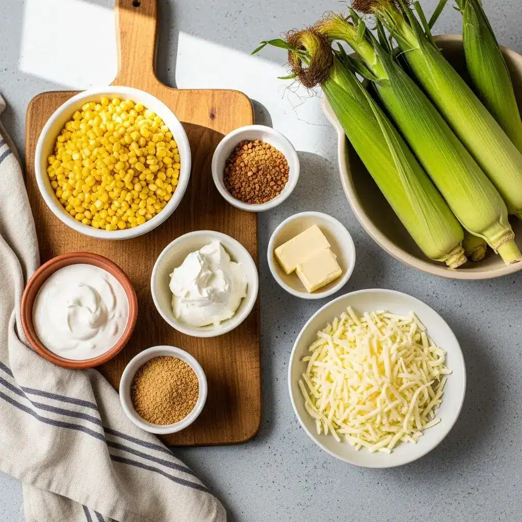 Paula Deen Corn Casserole Recipe ingredients flat lay