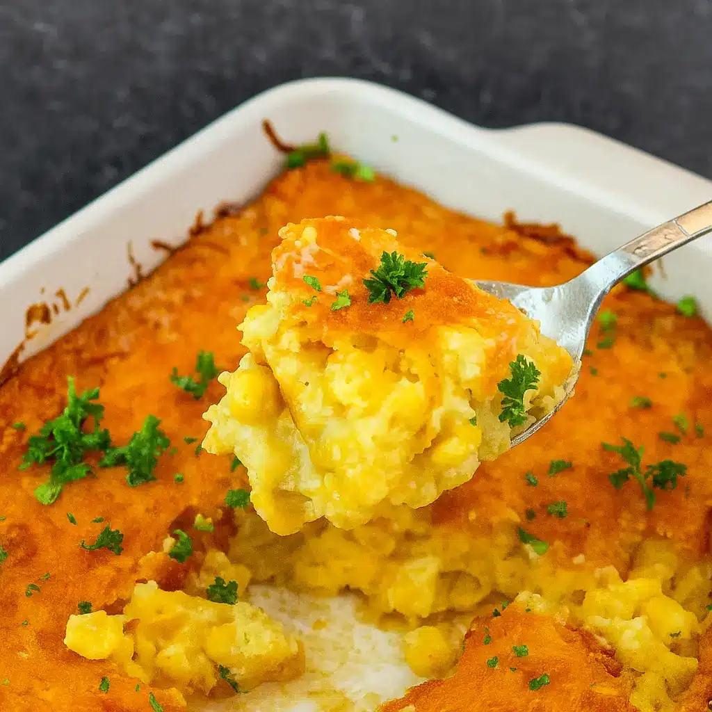 Spoonful of Paula Deen Creamed Corn Casserole with Jiffy Mix topped with melted cheese and parsley