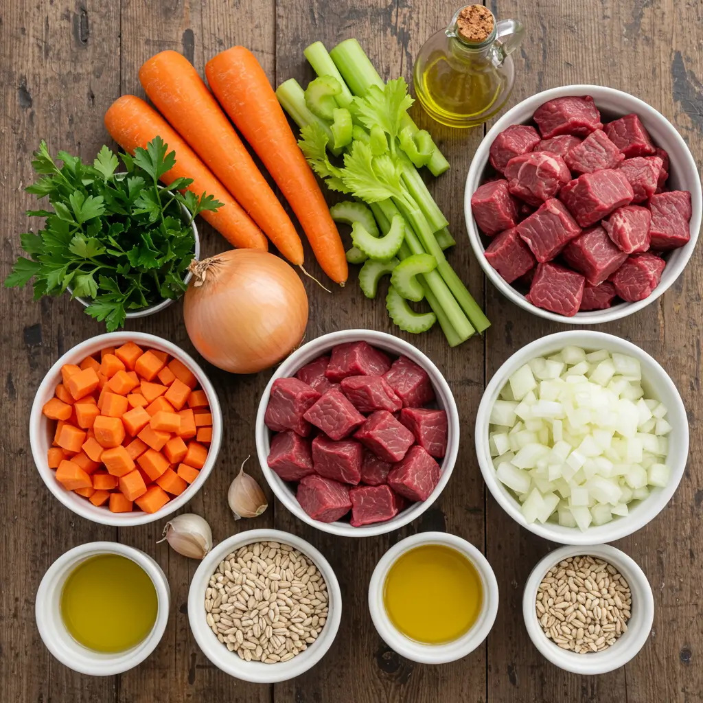 Ingredients for Pioneer Woman Beef Barley Soup arranged on rustic wood table