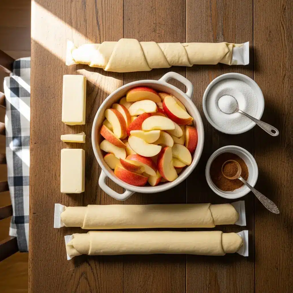 Ingredients for Pioneer Woman’s Apple Dumplings on wooden table
