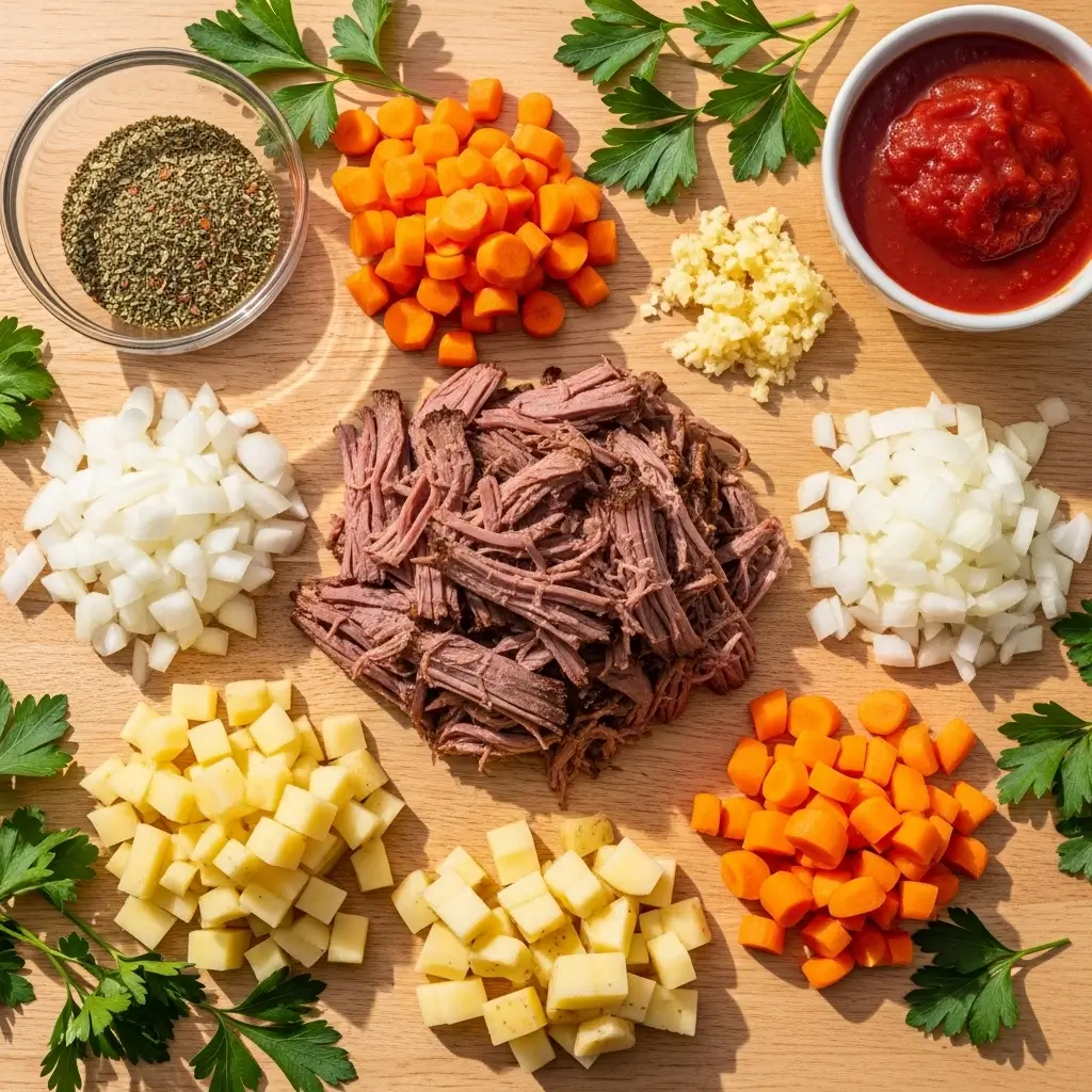 Pot Roast Soup ingredients on a wooden counter