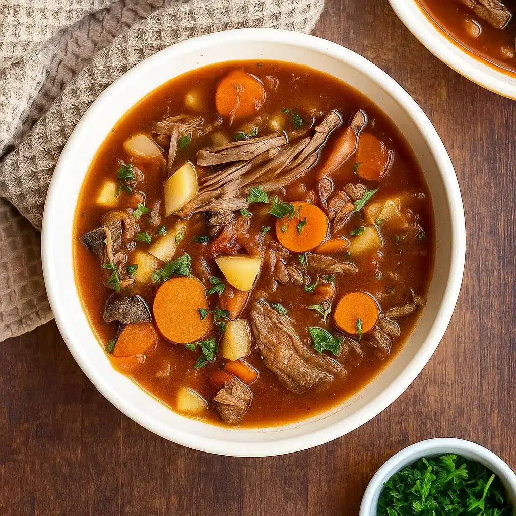 Pot Roast Soup in rustic bowl with beef and vegetables