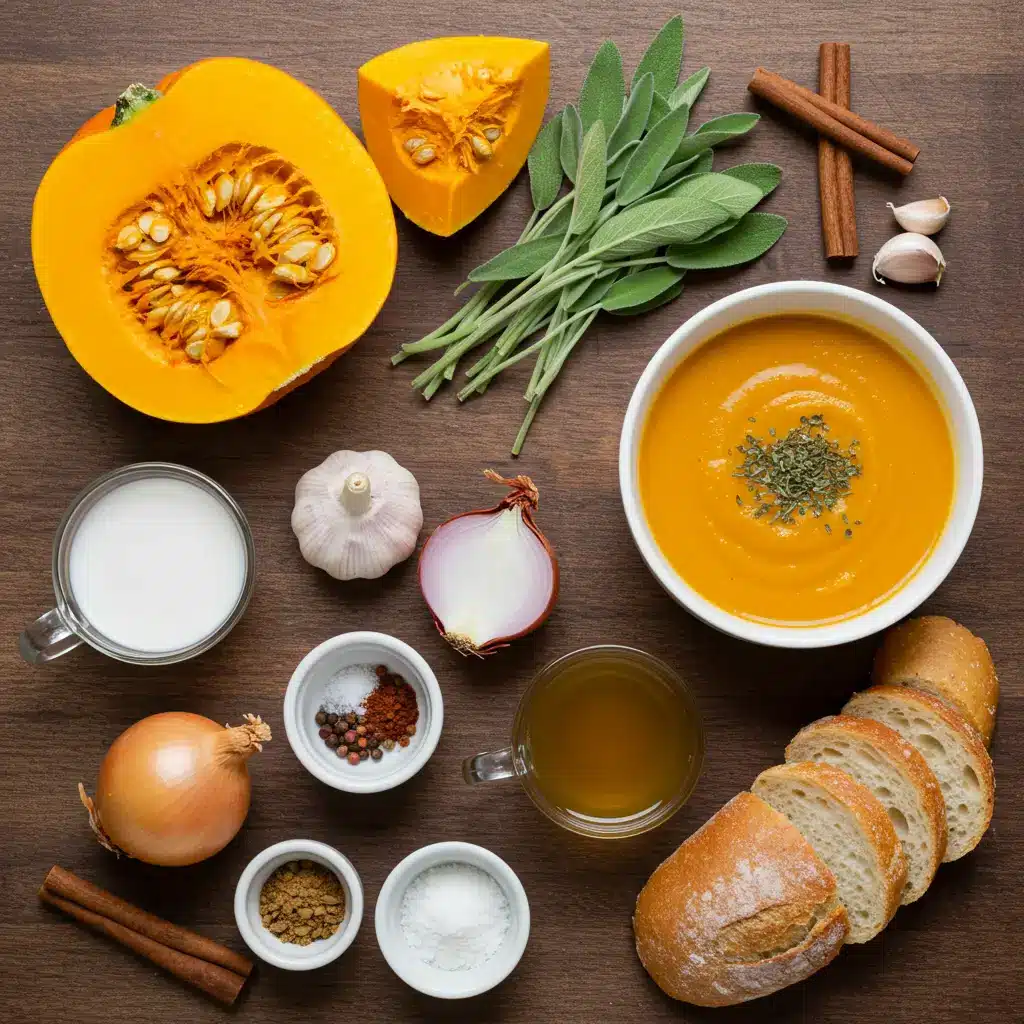 pumpkin sage bisque ingredients on rustic table