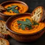 bowl of pumpkin sage bisque with sage garnish