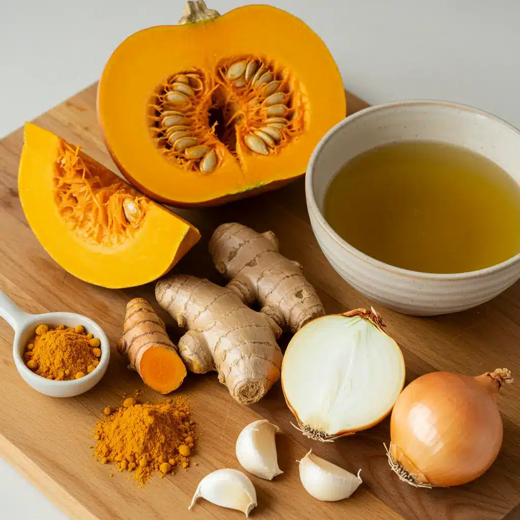 Pumpkin, Turmeric & Ginger Soup Recipe ingredients flat lay