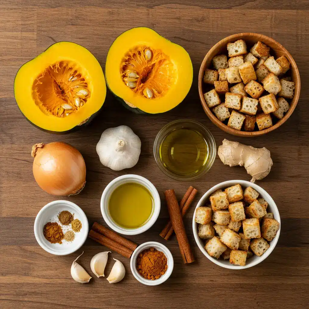 ingredients for roasted acorn squash soup with pumpkin spice croutons