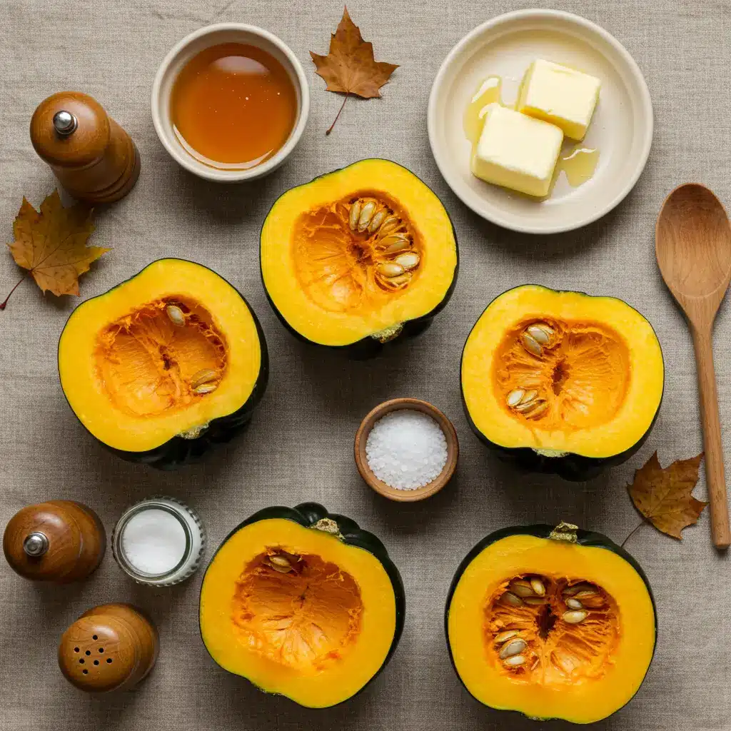 roasted acorn squash with honey butter ingredients on rustic table