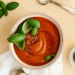 Roasted Red Pepper and Tomato Soup served with basil and bread.