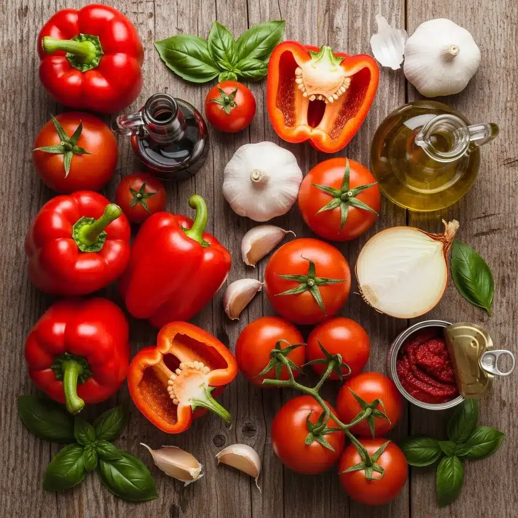 Ingredients for roasted red pepper and tomato soup on wooden table.