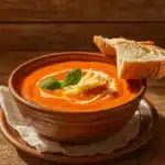roasted red pepper gouda soup in a bowl with basil garnish