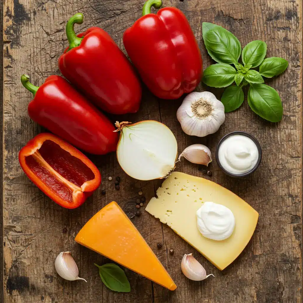 roasted red pepper gouda soup fresh ingredients on cutting board
