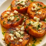 Roasted Sweet Potato Rounds with Honey & Feta on a rustic plate