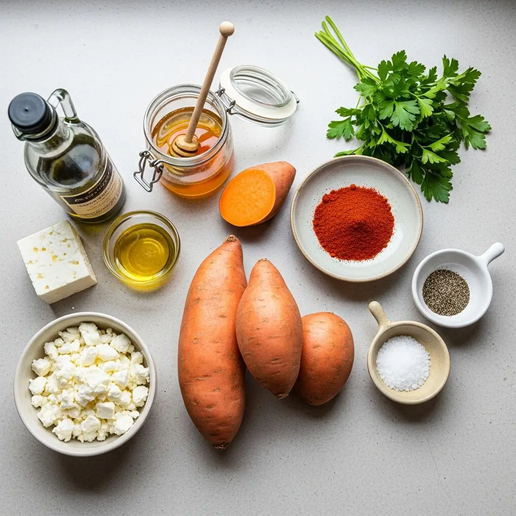 Ingredients for roasted sweet potato rounds with honey and feta