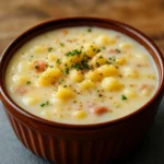 slow cooker amish corn chowder in rustic bowl