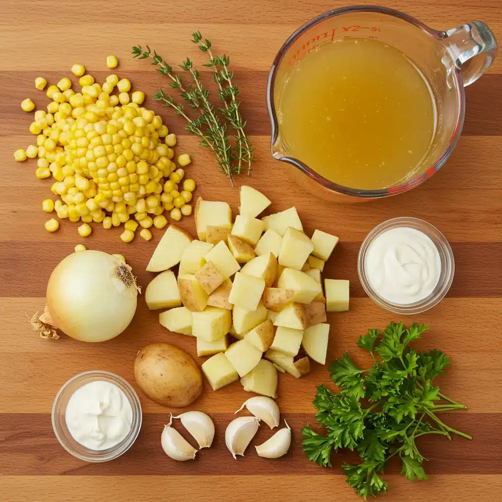 slow cooker amish corn chowder ingredients flat lay