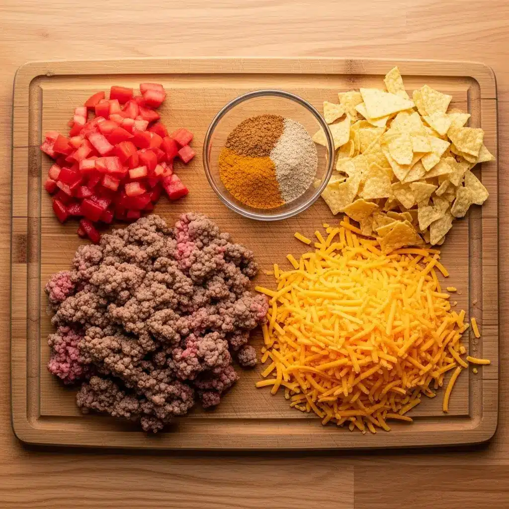 Ingredients for Slow Cooker Beefy Nacho Soup on wooden board