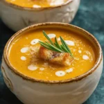 Bowl of Slow Cooker Butternut Squash Soup with Apple on a rustic table.