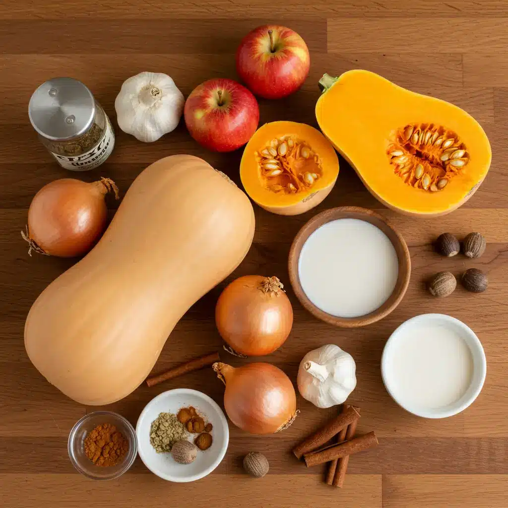 Slow Cooker Butternut Squash Soup with Apple ingredients on wooden counter.