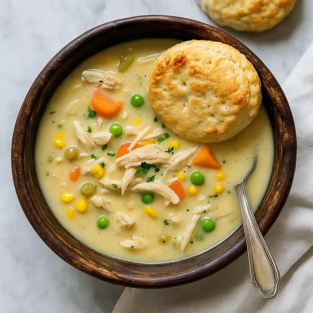 slow cooker chicken pot pie soup in a bowl