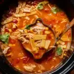 Slow Cooker Chicken Tortilla Soup in rustic bowl