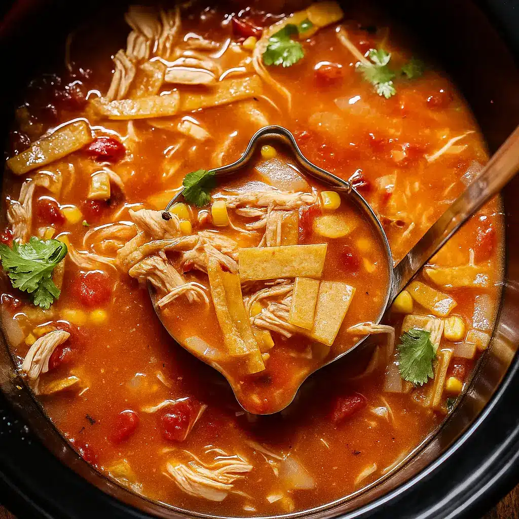 Slow Cooker Chicken Tortilla Soup in rustic bowl