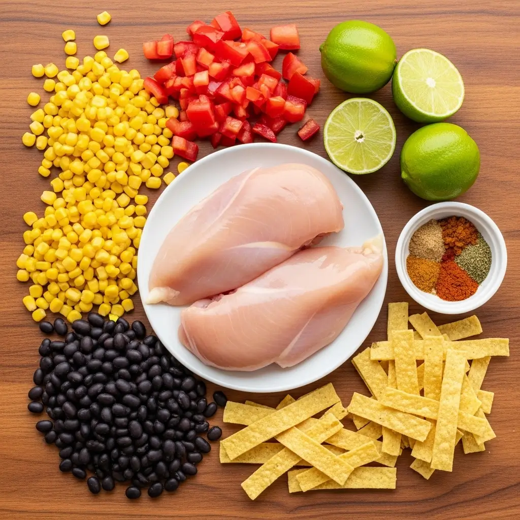 Slow Cooker Chicken Tortilla Soup ingredients flat lay.